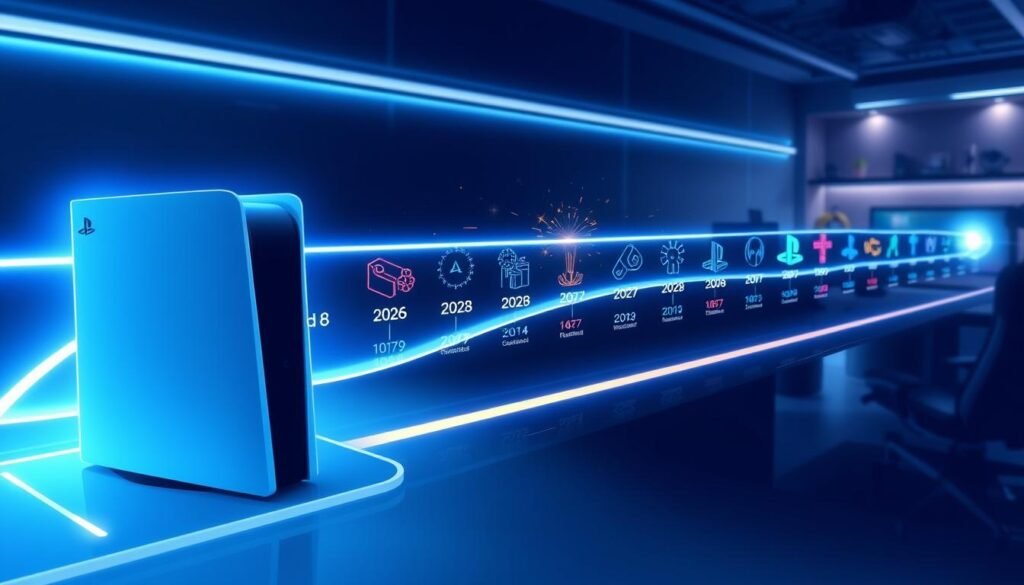 A futuristic timeline illustration showcasing the anticipated release of the PlayStation 6. In the foreground, a sleek representation of the PS6 console, with a radiant glow, is positioned prominently. Each year along the timeline is marked with vibrant icons symbolizing key milestones and rumors, such as 2026, 2027, and the rumored 2028 release. The middle layer features a smooth, digital timeline stretching horizontally, adorned with dynamic graphics and visual elements that evoke excitement, like sparks and bursts of light. In the background, a modern gaming setup with subtle ambient lighting enhances the tech atmosphere. The overall mood is one of anticipation and innovation, with a color palette of deep blues and silvers, conveying a sense of futuristic gaming technology.