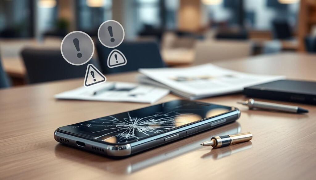 A modern smartphone on a sleek desk, with visible cracks and damage to the screen, illustrating the theme of permanent device damage. In the foreground, focus on a close-up of the smartphone with detailed damage, emphasizing shattered glass and warning icons hovering around it. The middle ground features tools like a small screwdriver and repair manual, suggesting the idea of DIY fixes. The background is softly blurred, showcasing an office setting with ambient lighting to create a serious yet informative atmosphere. The image should have a professional tone, capturing the risks and consequences associated with smartphone modifications in a high-resolution format. Use natural lighting to highlight the device's flaws and create an engaging, cautionary mood. A modern smartphone on a sleek desk, with visible cracks and damage to the screen, illustrating the theme of permanent device damage. In the foreground, focus on a close-up of the smartphone with detailed damage, emphasizing shattered glass and warning icons hovering around it. The middle ground features tools like a small screwdriver and repair manual, suggesting the idea of DIY fixes. The background is softly blurred, showcasing an office setting with ambient lighting to create a serious yet informative atmosphere. The image should have a professional tone, capturing the risks and consequences associated with smartphone modifications in a high-resolution format. Use natural lighting to highlight the device's flaws and create an engaging, cautionary mood.