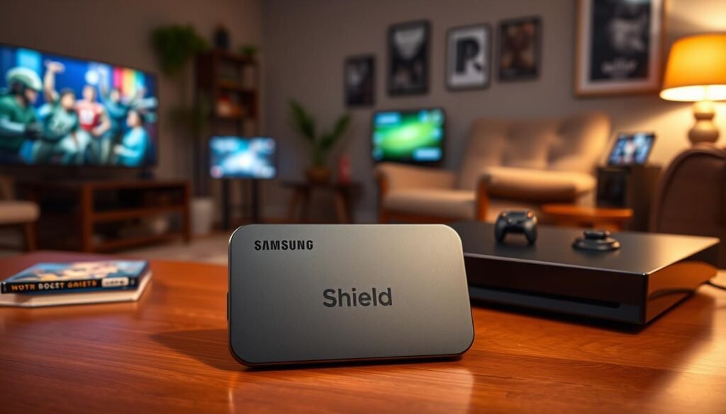 A sleek Samsung Shield external drive prominently displayed in the foreground, showcasing its modern design and glossy finish. The drive is positioned on a wooden desk alongside a gaming console that hints at its capability for game archives. In the middle ground, a soft-focus backdrop features a cozy gaming room setting, complete with a comfortable chair and gaming accessories. The lighting is warm and inviting, with a soft glow illuminating the drive, emphasizing its features. A shallow depth of field draws attention to the drive, while hints of game cases and digital screens suggest its compatibility with backward-compatible gaming. The overall mood is one of excitement and practicality, ideal for gamers seeking affordable storage solutions.