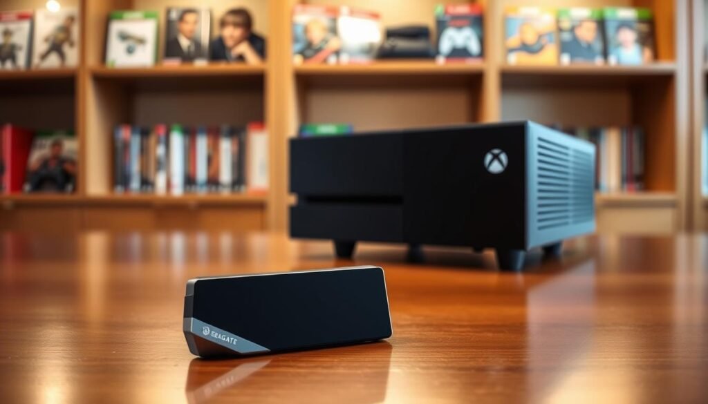 A sleek Seagate storage expansion card designed for the Xbox, prominently placed in the foreground. The card features a modern, streamlined design with sharp edges and a metallic finish, accentuating its high-tech appeal. In the middle ground, a stylish Xbox console sits on a polished wooden desk, well-lit by soft, warm light that highlights the textures of the surfaces. To the background, blurred shelves filled with gaming accessories and colorful game boxes provide context, suggesting a vibrant gaming environment. The overall mood is inviting and tech-savvy, emphasizing innovation in gaming storage solutions. The lighting is bright and focused, resembling a professional product photo, taken from a slightly elevated angle to showcase both the card and the console in the best light.