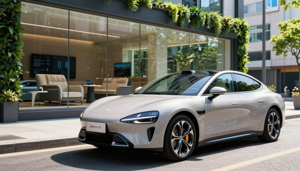 A sleek, modern electric vehicle (EV) design is showcased in a vibrant urban setting, emphasizing its exterior features. The car is parked on a sunny street, reflecting sunlight off its smooth, aerodynamic shape. In the foreground, the shimmering paint and innovative LED headlights draw attention. The middle ground includes a panoramic view of the car's spacious interior through the large glass windows, highlighting plush seating, a high-tech dashboard, and eco-friendly materials. In the background, a bustling city with eco-conscious architecture hints at a sustainable future. The mood is bright and optimistic, with natural lighting that enhances the clean lines and colors of the car. Use a wide-angle lens to capture both the vehicle and its environment, creating a feeling of integration with urban life. A sleek, modern electric vehicle (EV) design is showcased in a vibrant urban setting, emphasizing its exterior features. The car is parked on a sunny street, reflecting sunlight off its smooth, aerodynamic shape. In the foreground, the shimmering paint and innovative LED headlights draw attention. The middle ground includes a panoramic view of the car's spacious interior through the large glass windows, highlighting plush seating, a high-tech dashboard, and eco-friendly materials. In the background, a bustling city with eco-conscious architecture hints at a sustainable future. The mood is bright and optimistic, with natural lighting that enhances the clean lines and colors of the car. Use a wide-angle lens to capture both the vehicle and its environment, creating a feeling of integration with urban life.