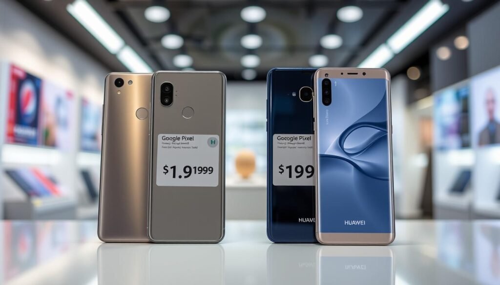 A visually striking comparison of smartphone prices, featuring two models: the Google Pixel and the Huawei Pura. In the foreground, display the Google Pixel, sleek and glossy, with its distinctive camera layout, next to the Huawei Pura, showcasing its elegant design and camera features. The middle section should include clear price tags for each smartphone, utilizing contrasting colors to highlight their values. In the background, create a blurred retail environment to suggest a technology store, with soft lighting enhancing the focus on the phones. Use a shallow depth of field to draw attention to the smartphones while maintaining a professional and informative atmosphere, capturing the essence of value for money in the smartphone market.