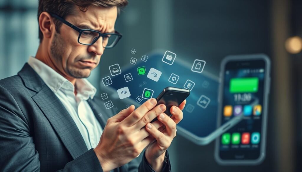 A visually striking composition illustrating the impact of bloatware on user performance. In the foreground, feature a frustrated businessperson in professional attire, examining their smartphone with a disappointed expression. In the middle ground, display a series of floating app icons symbolizing bloatware, appearing cluttered and overwhelming, with faded performance metrics like speed and battery life illustrated faintly. In the background, create a blurred image of a sleek and efficient smartphone, representing an optimal user experience, contrasting sharply with the chaotic foreground. Use soft, diffused lighting to enhance the mood of frustration and confusion, capturing the essence of how bloatware can detract from user satisfaction. Angle the shot slightly downward to emphasize the user’s perspective.