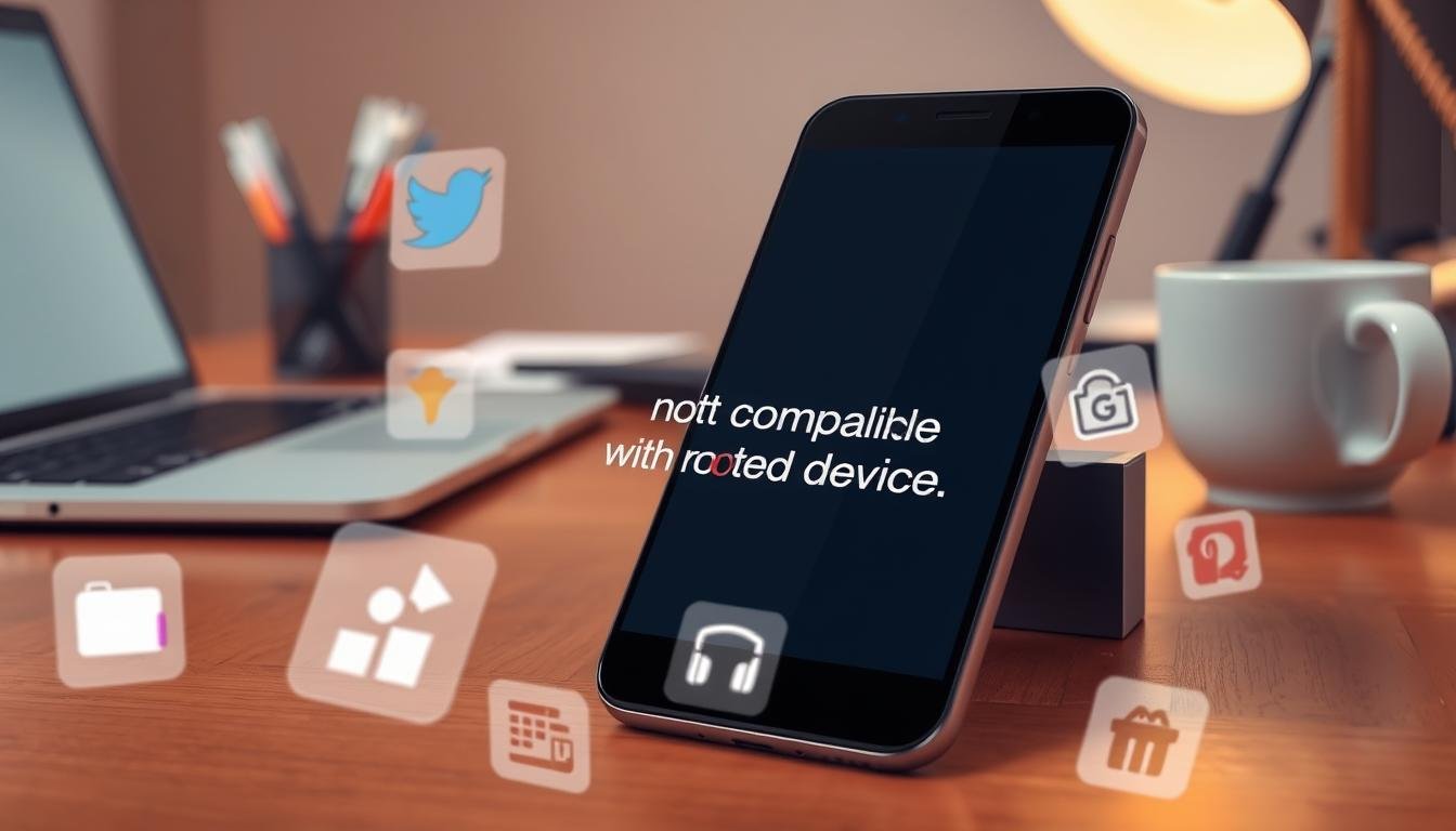 An illustration depicting a smartphone with a "not compatible with rooted device" warning prominently displayed on its screen. The smartphone should be placed on a wooden desk surrounded by common office items like a laptop and a coffee mug, creating a relatable work environment. The background features soft, diffused lighting that gives a warm, inviting feel to the scene. Overlayed in the foreground are visual elements representing key applications that users might rely on, such as social media, banking, and productivity icons, subtly highlighted to emphasize their importance. The overall mood conveys a sense of frustration and concern about application compatibility in a modern digital workspace.