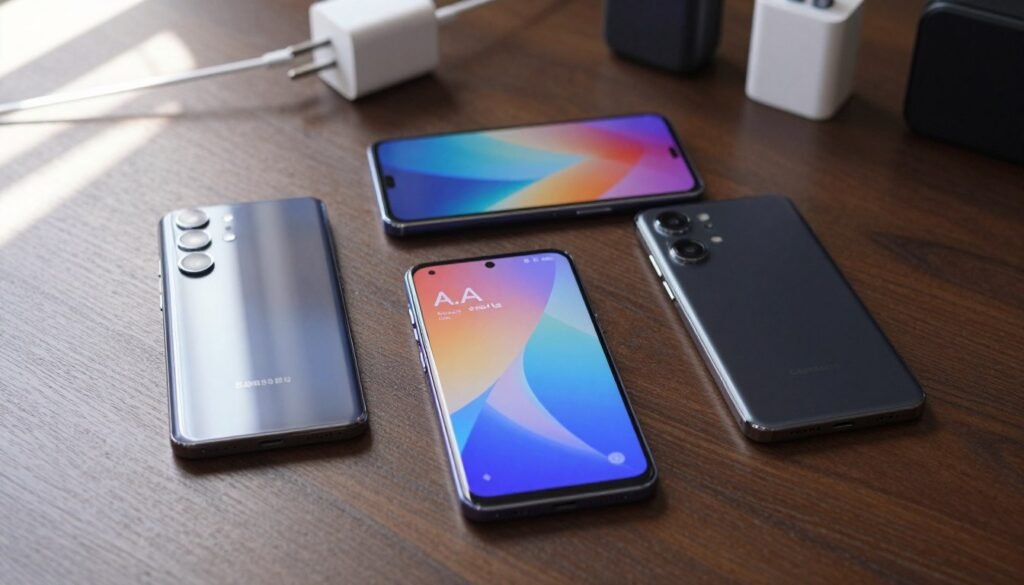 A detailed flat lay display of three distinct Samsung smartphones representing the S, A, and M series. The devices are arranged on a sleek, dark wooden table, showcasing their unique features such as the S series' premium glass and metal finish, the A series' vibrant color options, and the M series' robust design. Soft natural light streaming in from the left creates gentle highlights on the screens and emphasizes the phones' sharp displays. In the background, include subtle hints of accessories like chargers and cases, blended softly to keep focus on the phones. The atmosphere is modern and tech-savvy, inviting readers to explore the distinct characteristics of each smartphone series without distractions, ensuring a clean and professional look. A detailed flat lay display of three distinct Samsung smartphones representing the S, A, and M series. The devices are arranged on a sleek, dark wooden table, showcasing their unique features such as the S series' premium glass and metal finish, the A series' vibrant color options, and the M series' robust design. Soft natural light streaming in from the left creates gentle highlights on the screens and emphasizes the phones' sharp displays. In the background, include subtle hints of accessories like chargers and cases, blended softly to keep focus on the phones. The atmosphere is modern and tech-savvy, inviting readers to explore the distinct characteristics of each smartphone series without distractions, ensuring a clean and professional look.