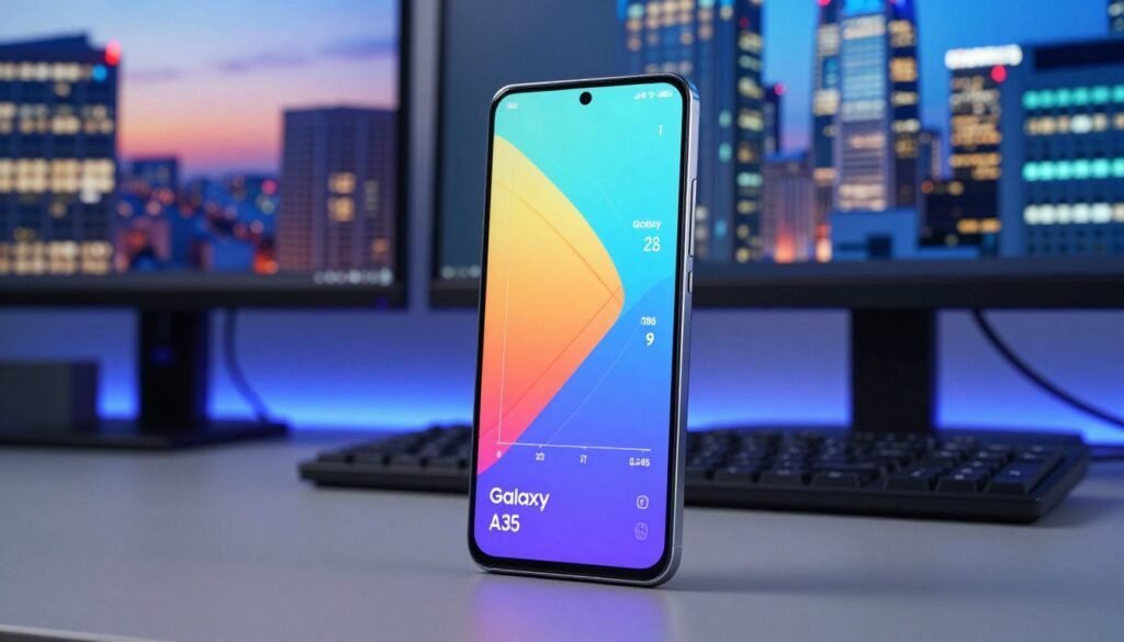 A sleek smartphone, the Galaxy A35, prominently displayed in the foreground, showcasing its vibrant screen filled with a benchmark performance graph. The device is set against a modern, high-tech workstation with glowing monitors and advanced gadgets in the middle ground. In the background, a dynamic, blurred cityscape at dusk adds depth with a mix of illuminated skyscrapers. Soft but bright lighting emphasizes the smartphone's details while casting subtle reflections on its surface. The overall atmosphere is one of professionalism and innovation, capturing the essence of technology that enhances performance and reliability. The angle is slightly above eye level, highlighting the smartphone's sleek profile and screen details. A sleek smartphone, the Galaxy A35, prominently displayed in the foreground, showcasing its vibrant screen filled with a benchmark performance graph. The device is set against a modern, high-tech workstation with glowing monitors and advanced gadgets in the middle ground. In the background, a dynamic, blurred cityscape at dusk adds depth with a mix of illuminated skyscrapers. Soft but bright lighting emphasizes the smartphone's details while casting subtle reflections on its surface. The overall atmosphere is one of professionalism and innovation, capturing the essence of technology that enhances performance and reliability. The angle is slightly above eye level, highlighting the smartphone's sleek profile and screen details.