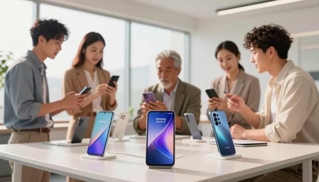 A visually engaging illustration depicting a smartphone selection guide, focusing on Samsung’s series S, A, and M. In the foreground, present a sleek, modern workspace with three smartphones elegantly displayed on a stylish table, each representing one of the series. In the middle ground, a diverse group of professionals—young adults and middle-aged individuals dressed in smart casual attire—are engaging in discussion, analyzing the phones. The background features a bright, airy office environment with large windows allowing natural light to flood in, enhancing the clarity of the scene. The mood is informative and lively, encouraging collaboration and decision-making. Use soft, warm lighting to create an inviting atmosphere, shot with a wide-angle lens for added depth. A visually engaging illustration depicting a smartphone selection guide, focusing on Samsung’s series S, A, and M. In the foreground, present a sleek, modern workspace with three smartphones elegantly displayed on a stylish table, each representing one of the series. In the middle ground, a diverse group of professionals—young adults and middle-aged individuals dressed in smart casual attire—are engaging in discussion, analyzing the phones. The background features a bright, airy office environment with large windows allowing natural light to flood in, enhancing the clarity of the scene. The mood is informative and lively, encouraging collaboration and decision-making. Use soft, warm lighting to create an inviting atmosphere, shot with a wide-angle lens for added depth.